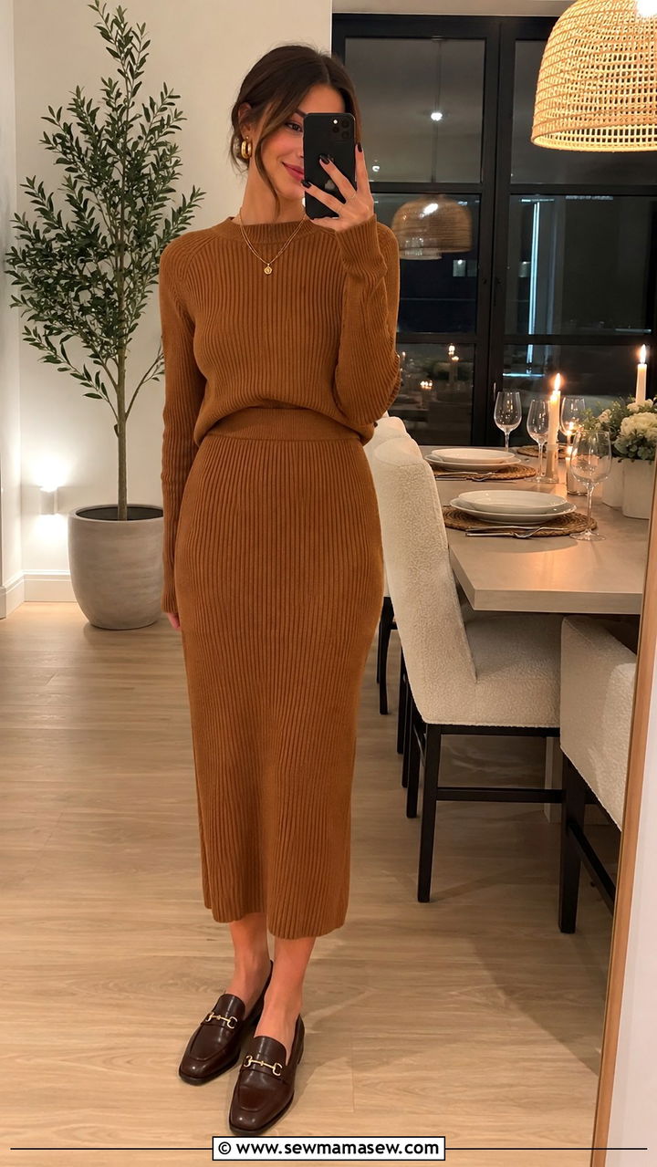 Ribbed Knit Top And Midi Skirt Set - 30 modest dinner outfit ideas