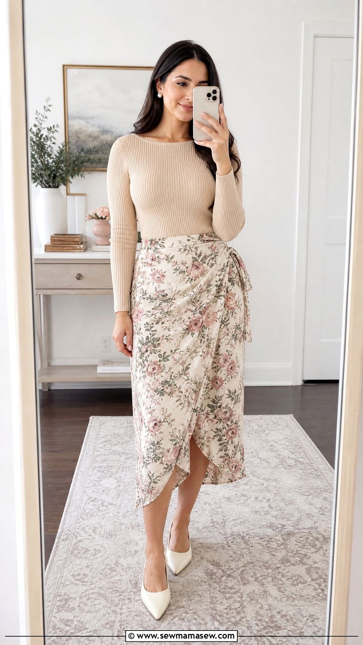 Ribbed Knit Top With A Faux Wrap Floral Midi Skirt - 20 Cottagecore outfits for pear shape