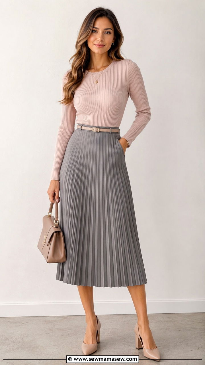 Ribbed Knit Top With Pleated Midi Skirt And Block Heels - 30 Preppy work outfits