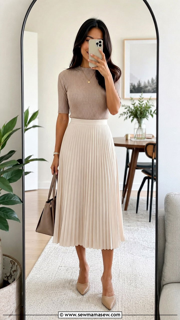 Ribbed Knit Top With Pleated Midi Skirt - 25 Petite outfit ideas with rectangle body