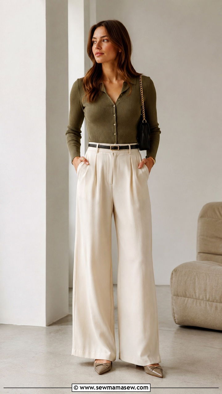 Ribbed Knit Top With Wide Leg Trousers - 25 Outfit ideas for size 12 hourglass