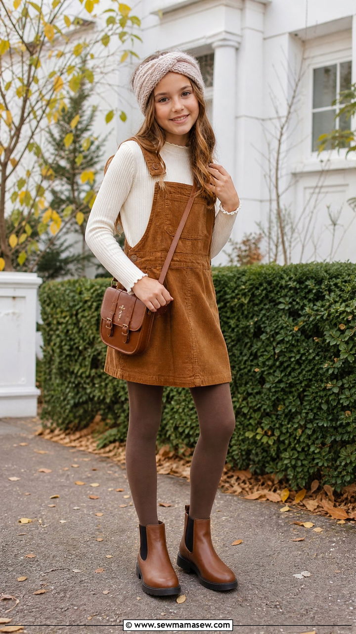 Ribbed Knit Top and Corduroy Pinafore Dress Outfit for Tweens - 20 Tween outfit ideas for girls 2026