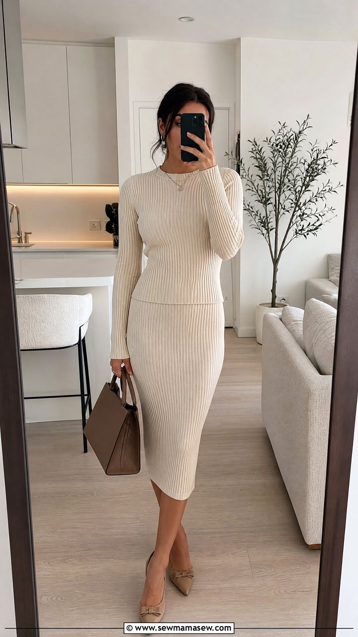 Ribbed Knit Top and Midi Skirt Set - 25 Matching set outfit ideas modest