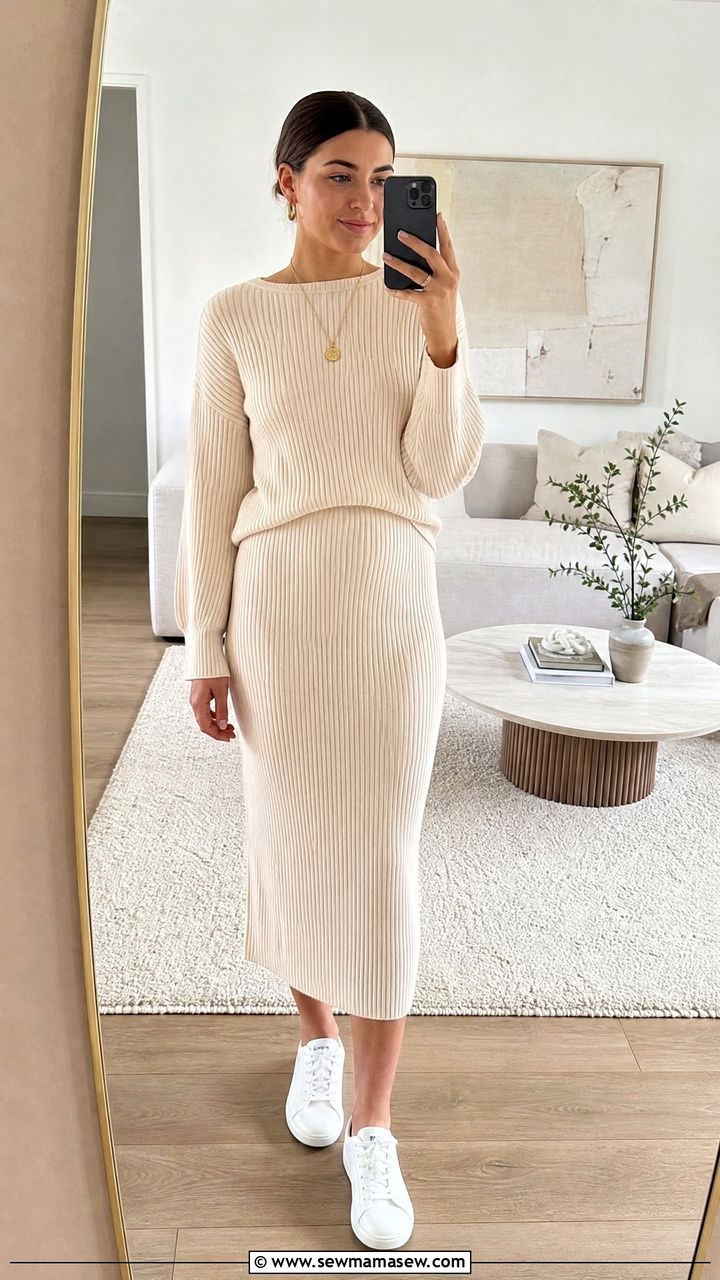 Ribbed Knit Top and Midi Skirt Set - 35 matching set outfits ideas