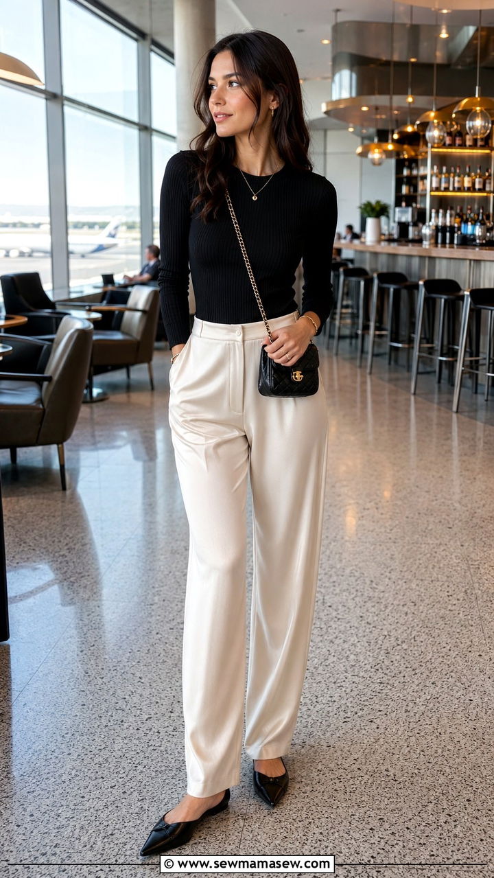 Ribbed Knit Top and Satin Pants Airport Outfit - 25 Airport outfit ideas for short flight