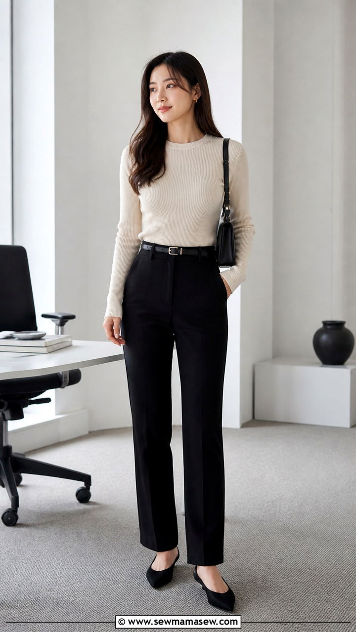 Ribbed Knit Top with High Waisted Trousers - 40 office outfits ideas