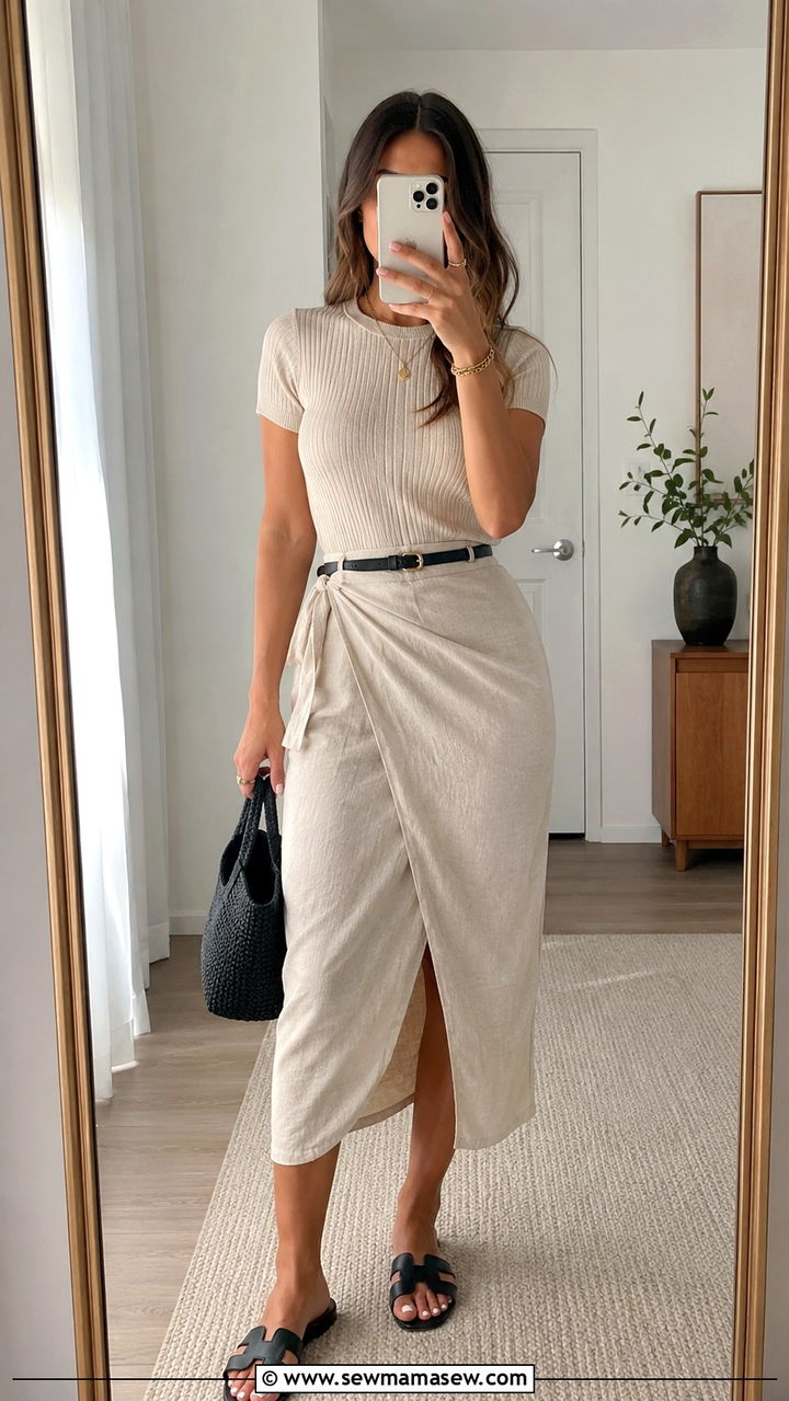 Ribbed Knit Top with a Wrap Style Midi Skirt - 25 Modest outfit ideas spring 2026