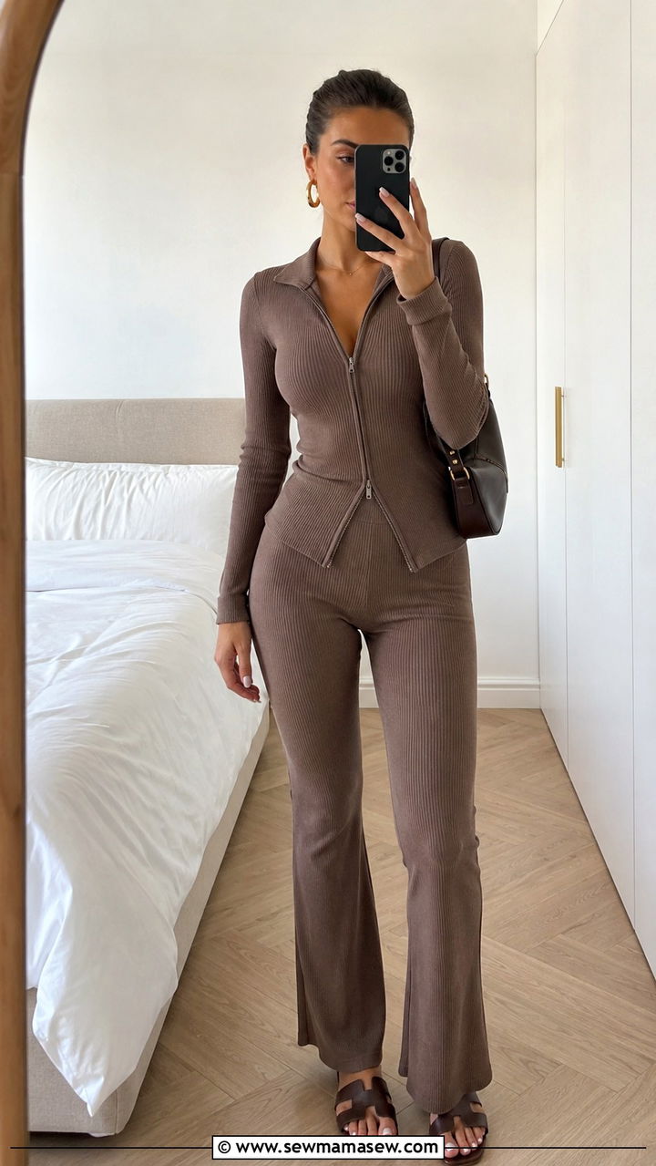 Ribbed Knit Tracksuit With Sleek Slides - 30 Track suit matching set outfit ideas