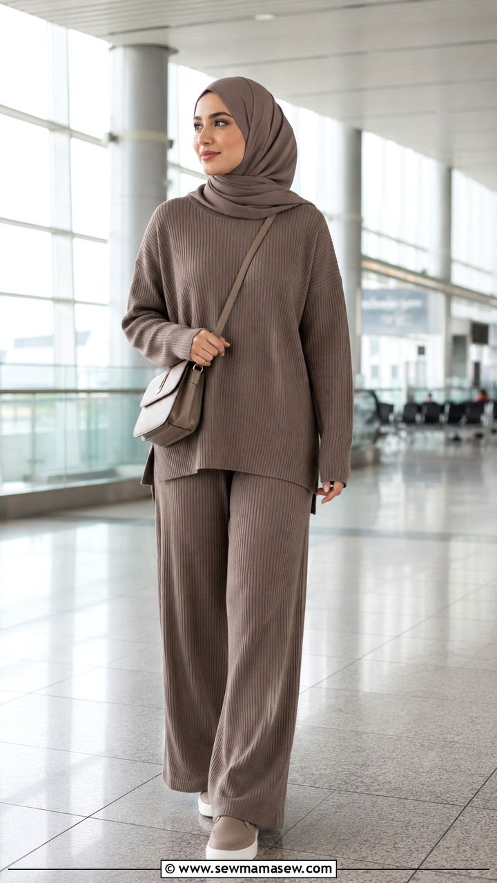 Ribbed Knit Two Piece Set with Crossbody Bag - 30 Modest outfit ideas for airport