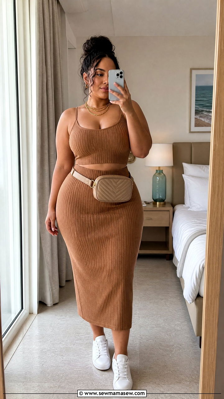 Ribbed Knit Two Piece Vacation Outfit - 30 Vacation outfits for curvy women