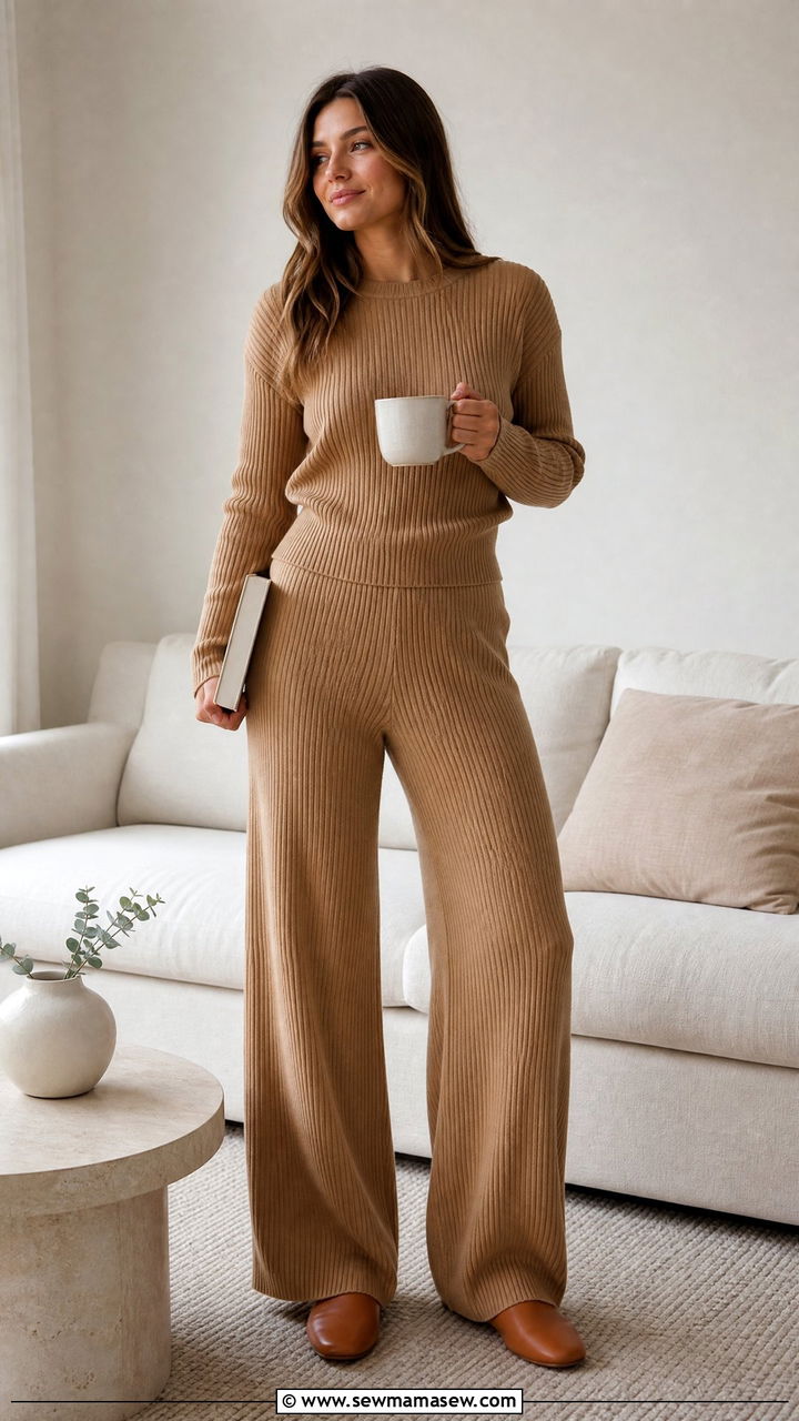 Ribbed Knit Wide Leg Pant Set With Fitted Crewneck Sweater - 30 French girl loungewear outfit ideas