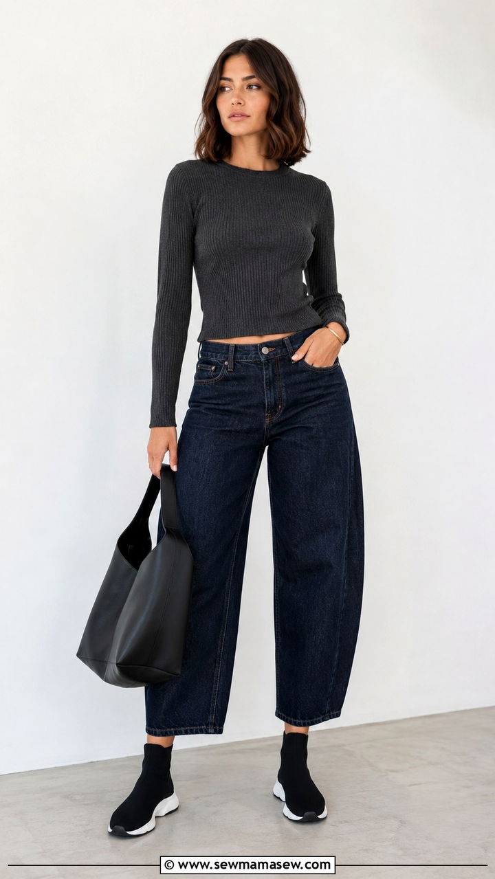 Ribbed Knit With Barrel Leg Jeans And Sock Sneakers - 25 Work outfits with sneakers and jeans