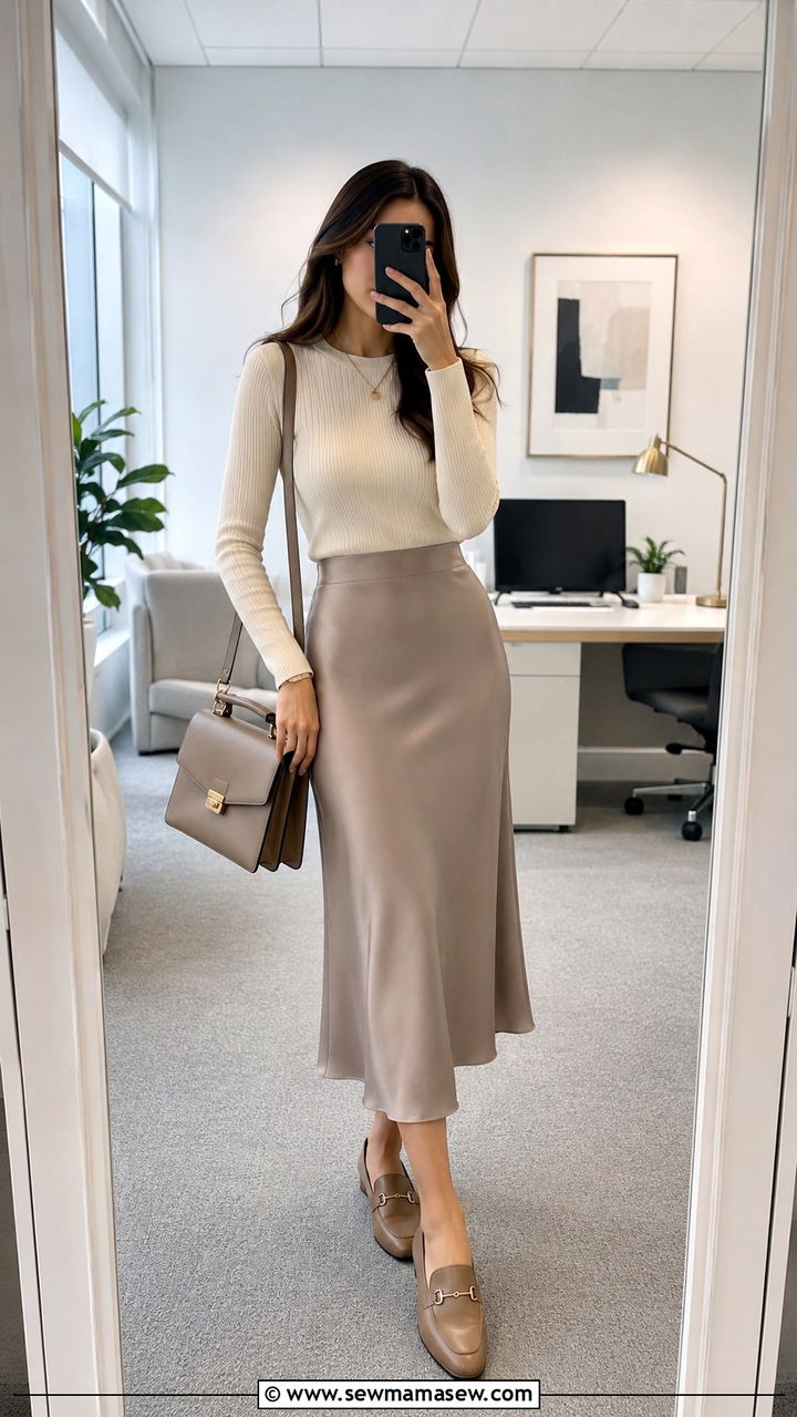 Ribbed Knit With Satin Midi Skirt Office Outfit - 30 Satin midi skirt outfit ideas for work