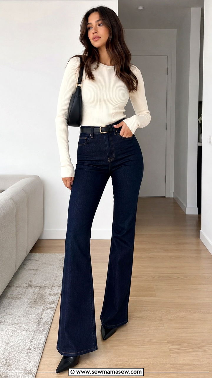 Ribbed Long Sleeve Top With Bootcut Jeans And Pointed Toe Heels - 25 Bootcut jeans outfit ideas with heels