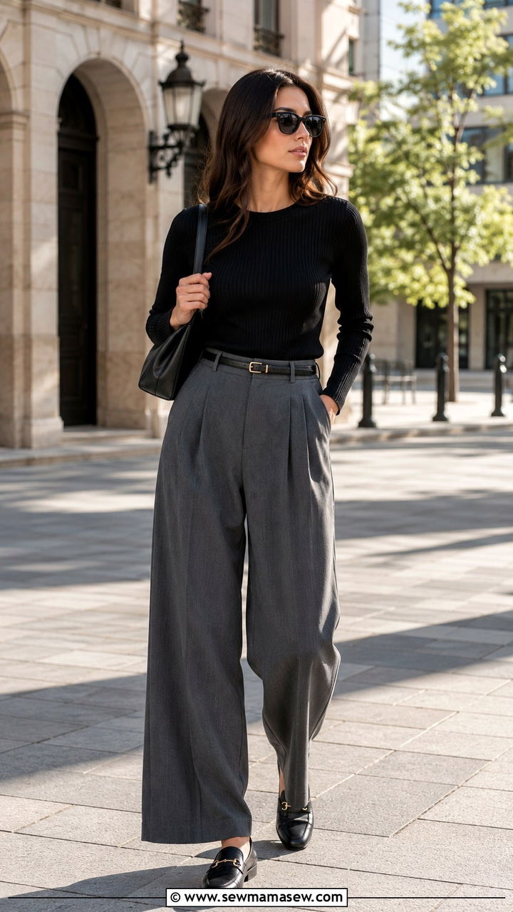 Ribbed Long Sleeve Top With Wide Leg Pleated Pants - 30 how to style wide leg pants outfits