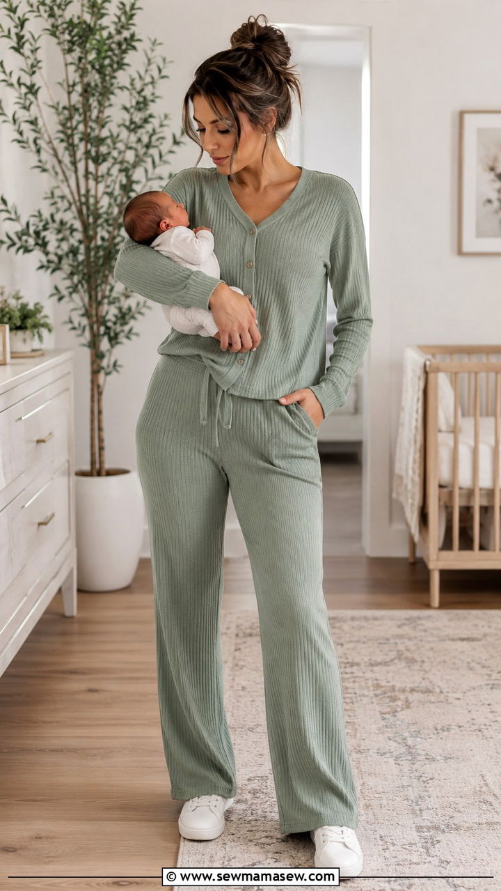 Ribbed Lounge Set With White Sneakers - 20 Postpartum outfit ideas week 6