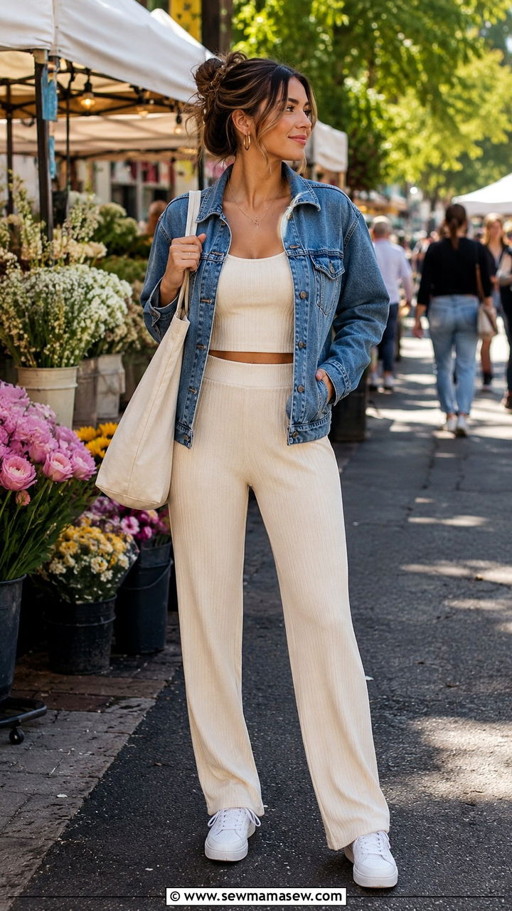 Ribbed Matching Set With A Denim Jacket - 30 Ribbed matching set outfit ideas