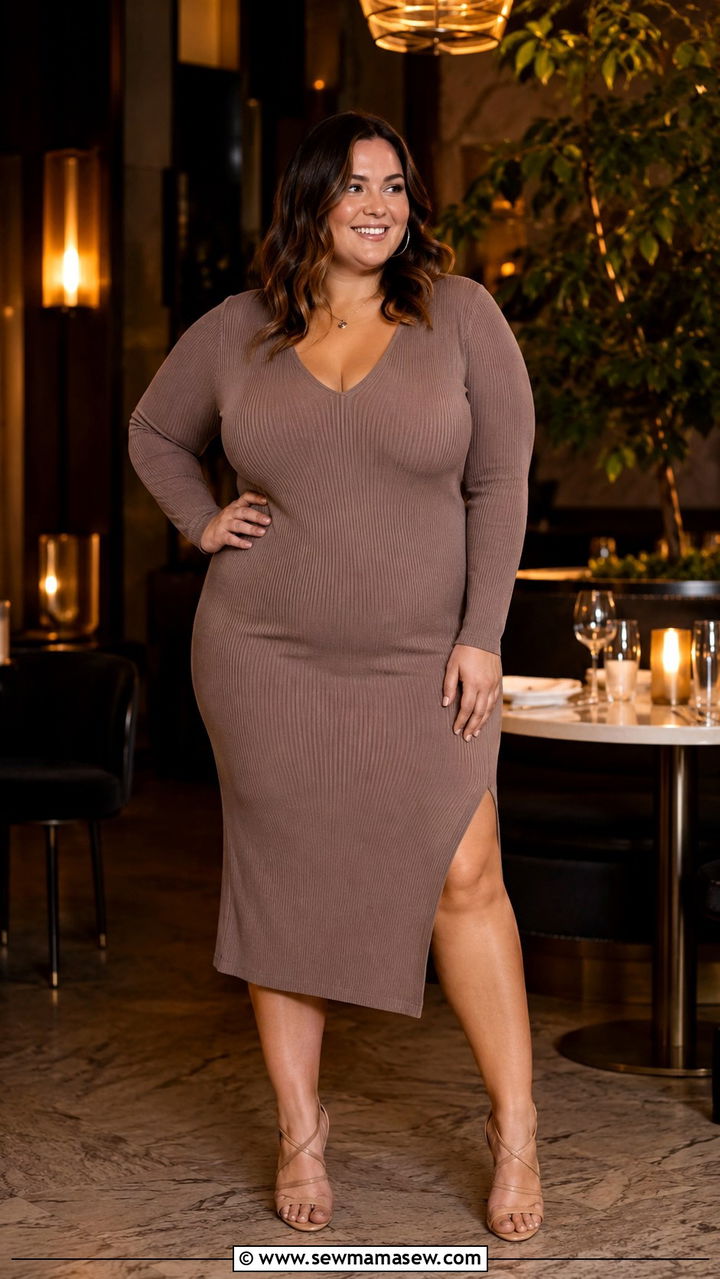 Ribbed Midi Dress With A Side Slit And Strappy Sandals - 25 Outfit ideas for apple shape plus size