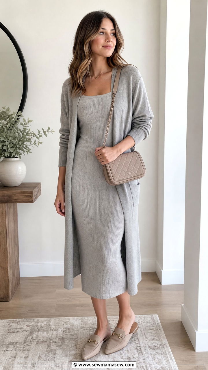 Ribbed Midi Dress With Long Cardigan And Mules - 30 cute transitional outfits