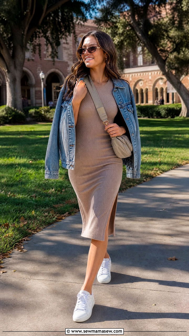 Ribbed Midi Dress With White Sneakers - 30 College senior outfit ideas