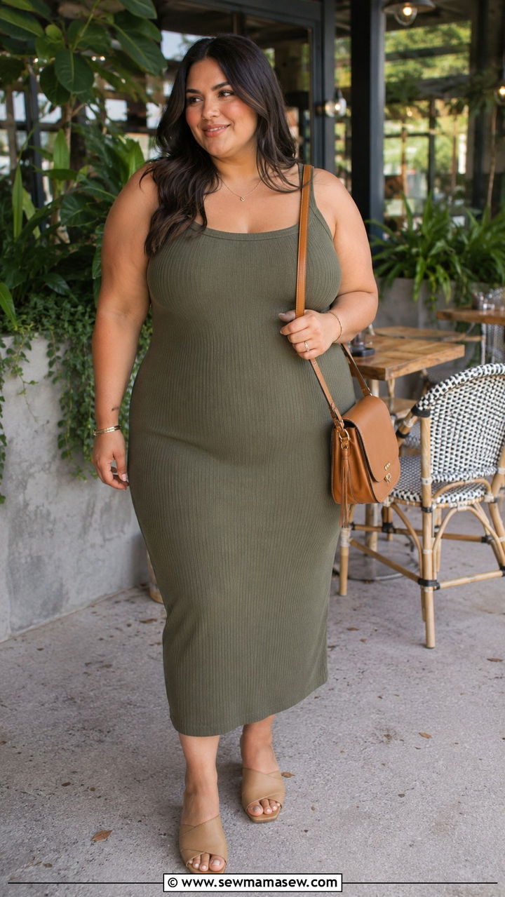 Ribbed Midi Dress and Crossbody Bag - 30 Plus size mom outfit ideas summer