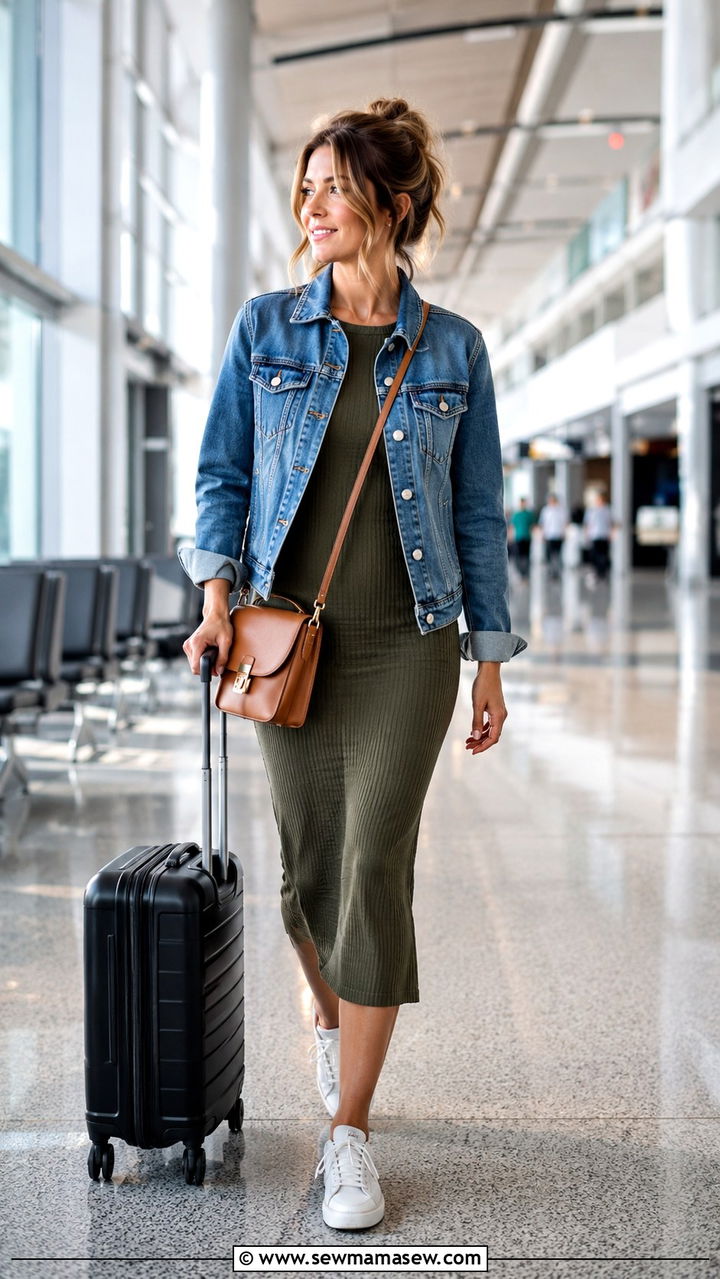 Ribbed Midi Dress with Denim Jacket and Sneakers - 30 Travel outfit ideas for moms