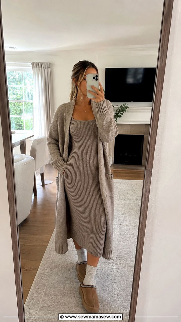 Ribbed Midi Dress with Tasman Ugg Slippers Outfit - 25 Uggs with dress outfit ideas