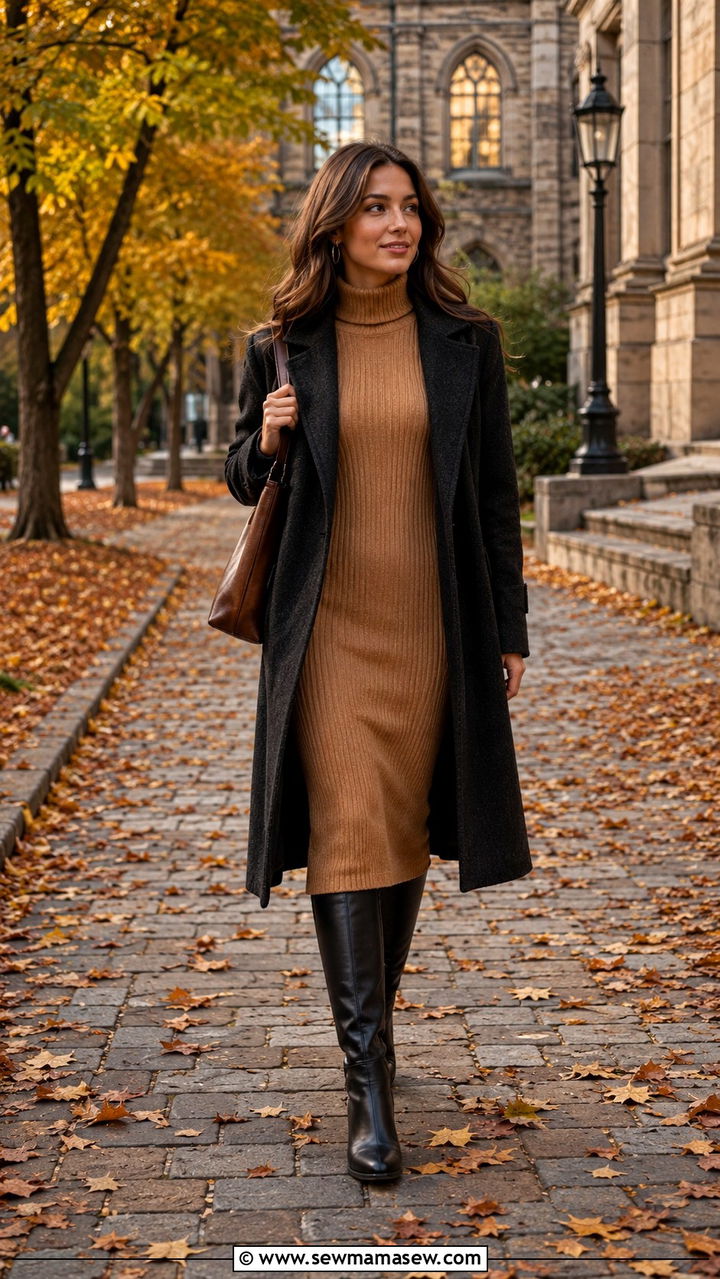 Ribbed Midi Sweater Dress with Boots Outfit - 30 classy back to school outfits