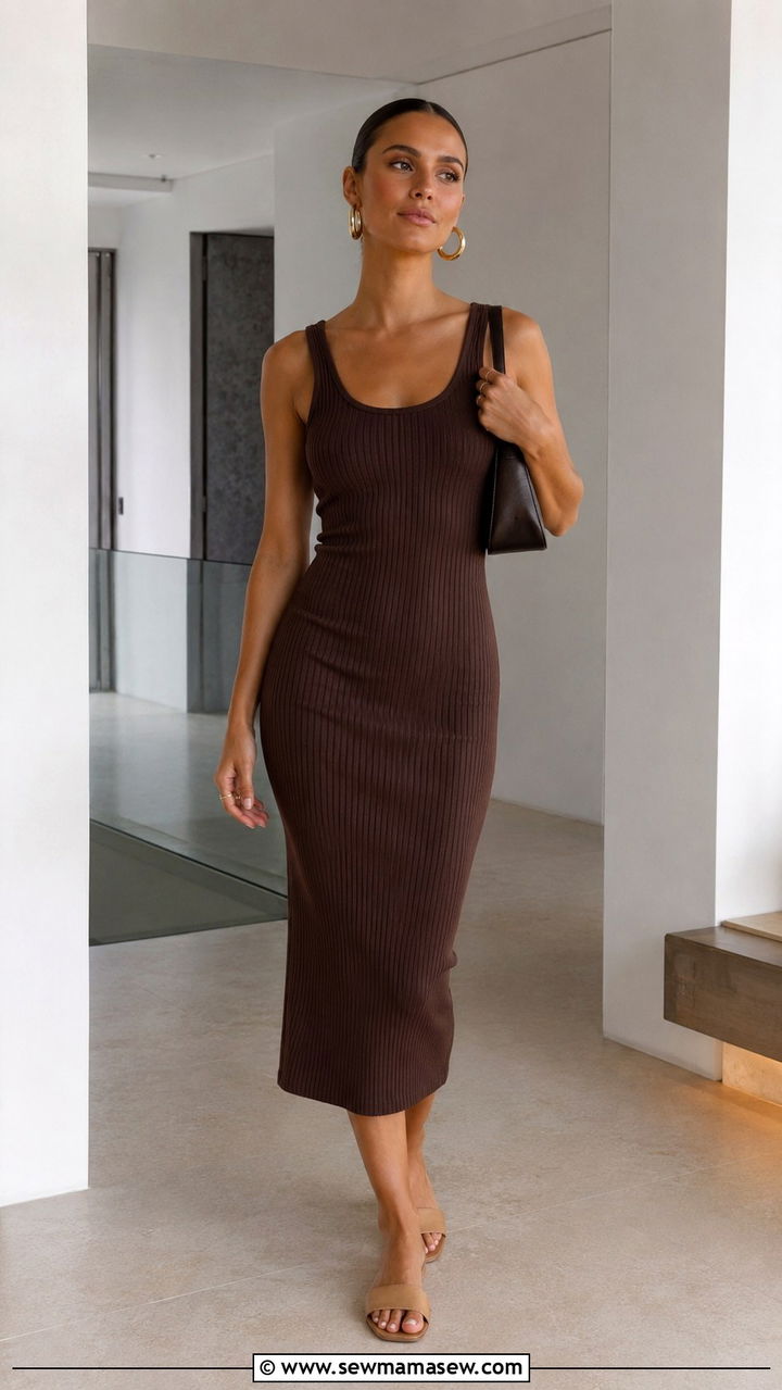 Ribbed Midi Tank Dress With Hoop Earrings - 30 tank dress outfits for women