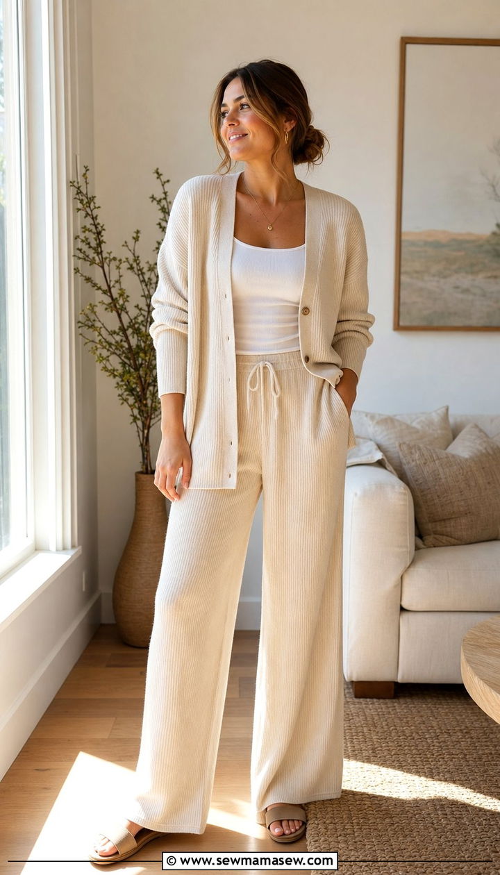 Ribbed Neutral Lounge Set with Slides and a White Tank - 25 Spring uniform outfit ideas
