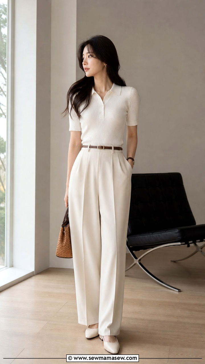 Ribbed Polo With High Waist Trousers Seoul - 40 Seoul outfit ideas