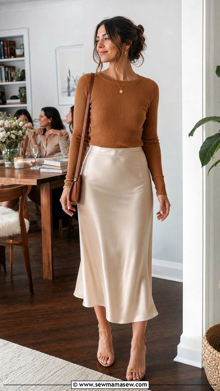 Ribbed Sweater And Satin Skirt Book Club Outfit - 35 Book club outfit ideas