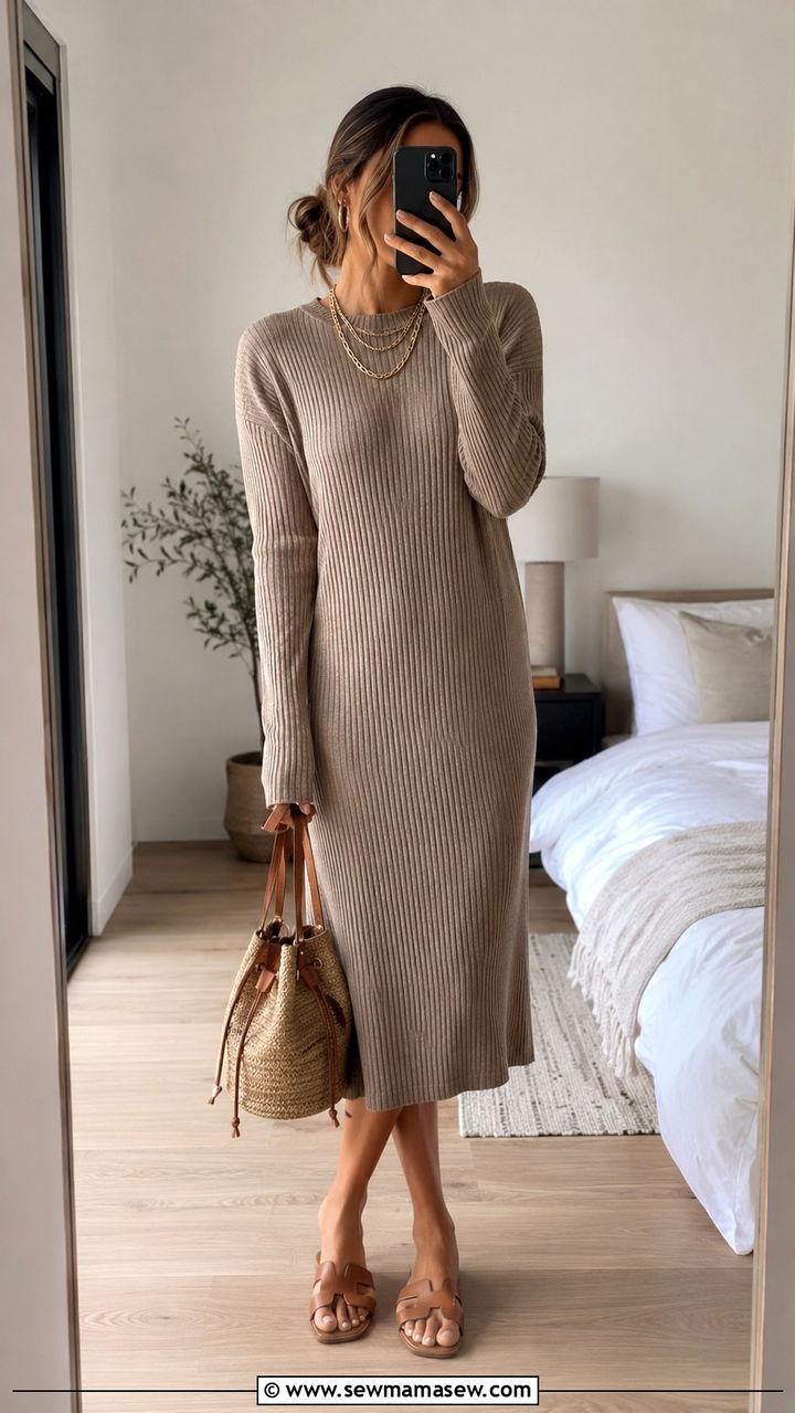 Ribbed Sweater Dress With Leather Slides And A Raffia Bag - 30 How to style a sweater dress in summer