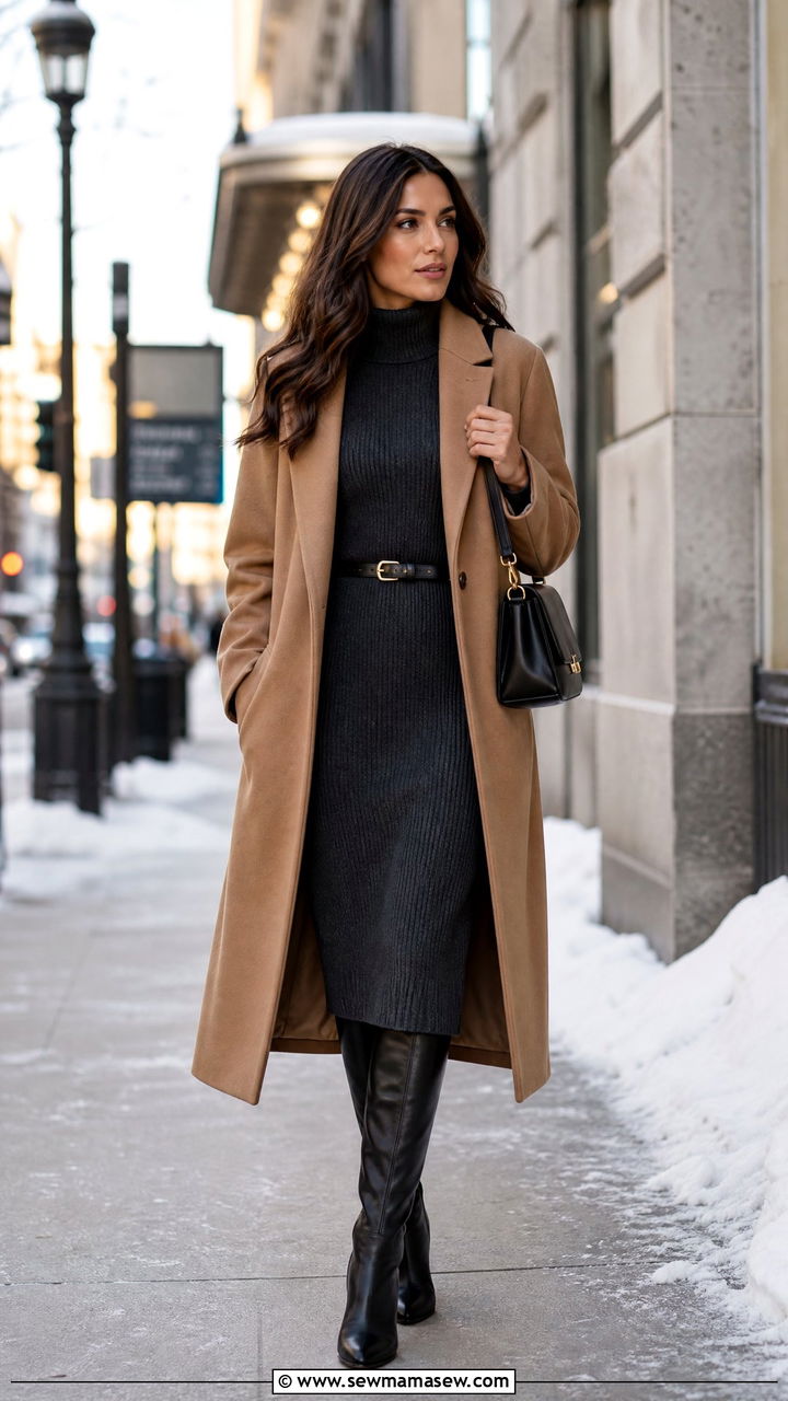 Ribbed Sweater Dress and Knee High Boots Outfit - 30 minimalist capsule wardrobe outfits