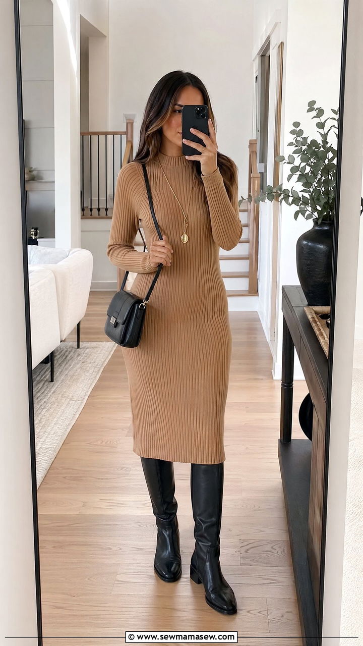 Ribbed Sweater Dress and Knee High Boots - 35 errand outfit ideas for women