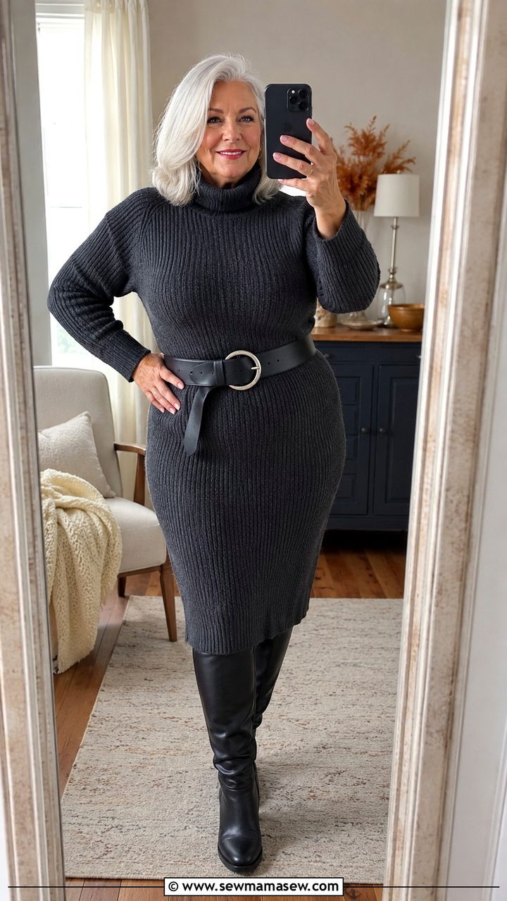 Ribbed Sweater Dress with Knee High Boots - 25 Plus size outfits for women over 60