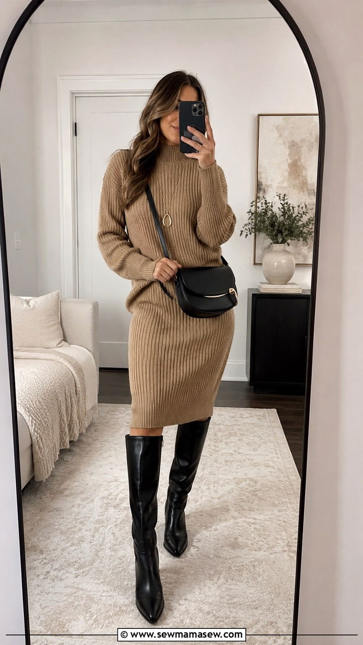 Ribbed Sweater Dress with Knee High Boots - 30 Petite outfit ideas with hourglass figure