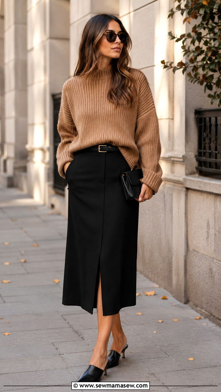 Ribbed Sweater With Belted Midi Skirt - 30 spring outfits for women over 30