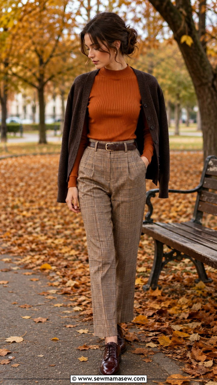 Ribbed Sweater With Earth Tone Plaid Trousers Outfit Light Academia - 30 casual light academia outfits