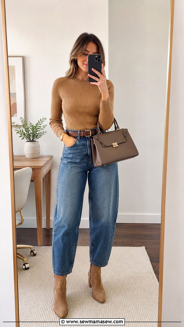 Ribbed Sweater With High Waisted Barrel Jeans and Ankle Boots - 30 High waisted jeans outfit ideas with a sweater