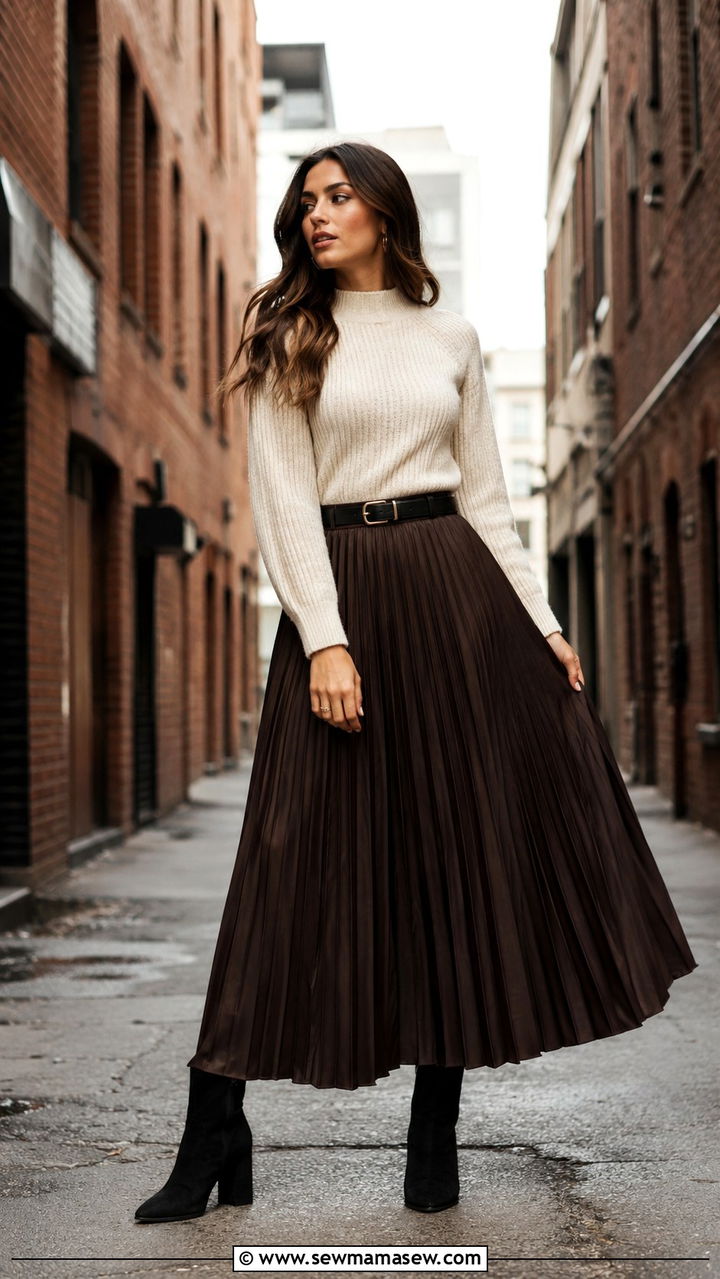 Ribbed Sweater With Pleated Maxi Skirt Look - 30 Pleated skirt outfit ideas with a sweater