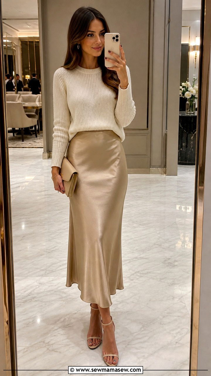 Ribbed Sweater With Satin Slip Skirt - 40 Chic spring outfit ideas 2026