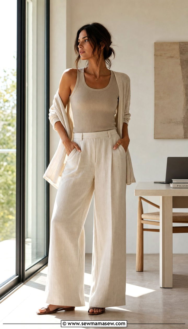 Ribbed Tank Top And Wide Leg Linen Trousers Summer WFH Outfit - 25 Summer outfit ideas for work from home