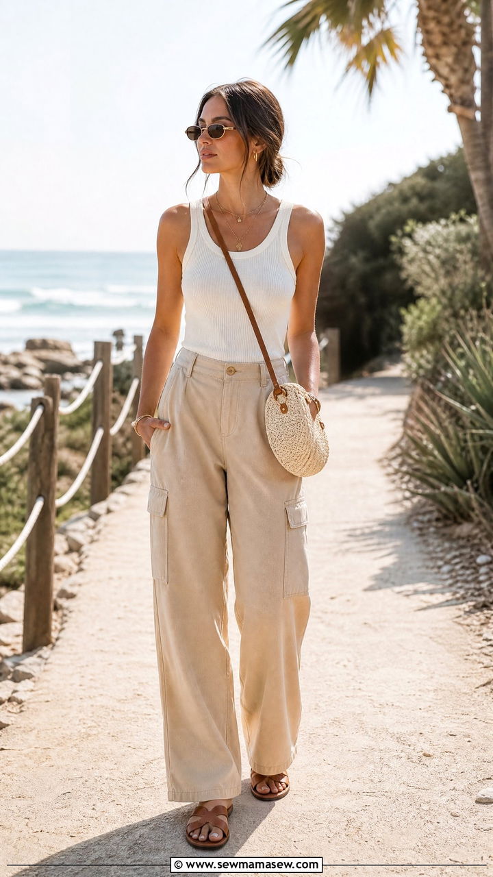 Ribbed Tank Top With Cargo Pants and Sandals - 25 Cargo pants outfit ideas with tank top