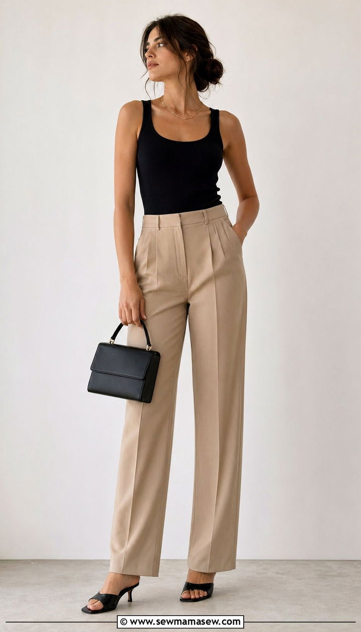 Ribbed Tank Top With High Waisted Trousers and Kitten Heels - 35 90s capsule wardrobe outfits