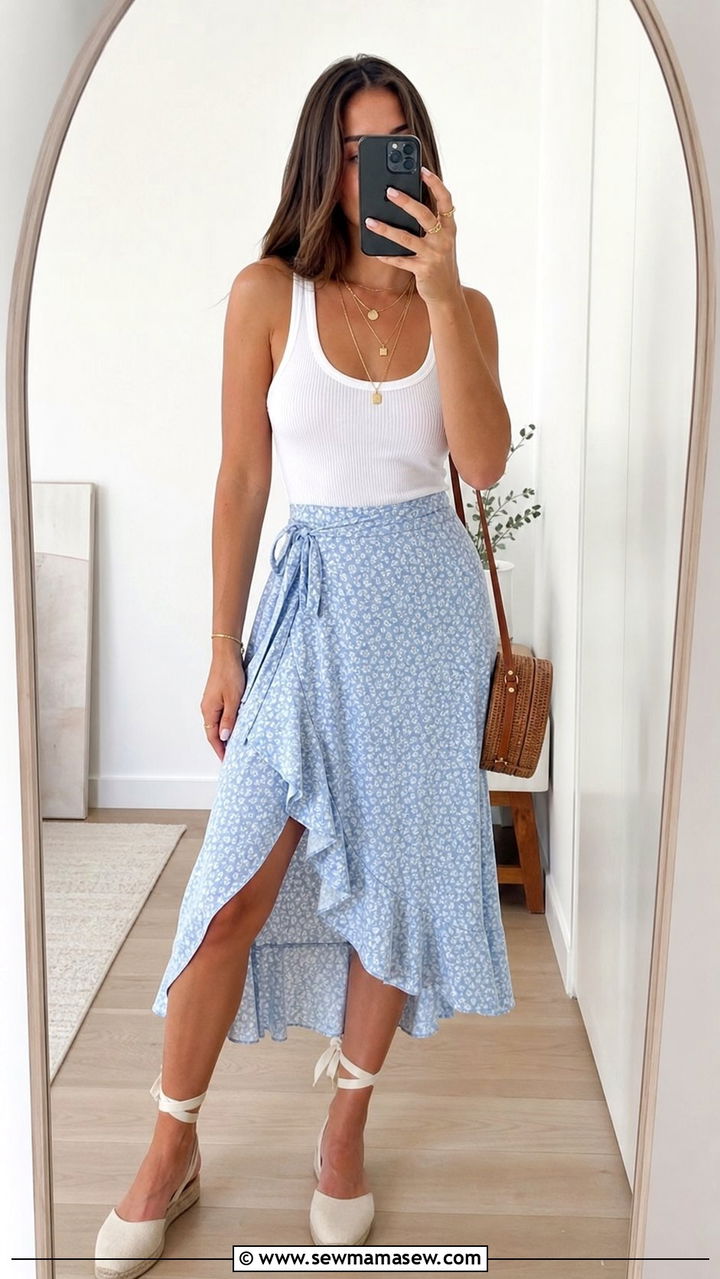 Ribbed Tank Top With Lightweight Wrap Midi Skirt Summer Humid Weather Outfit - 25 summer humid weather outfit ideas