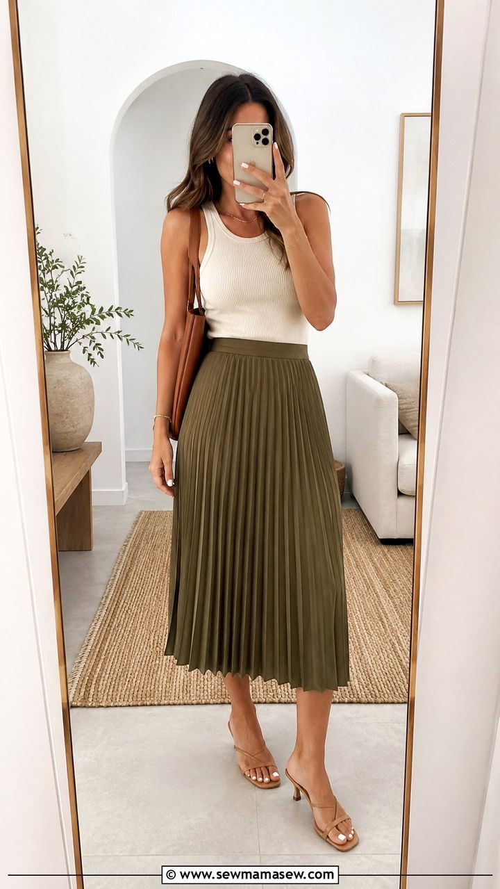 Ribbed Tank Top With Pleated Midi Skirt And Kitten Heel Sandals - 30 Pleated skirt outfit ideas with heels