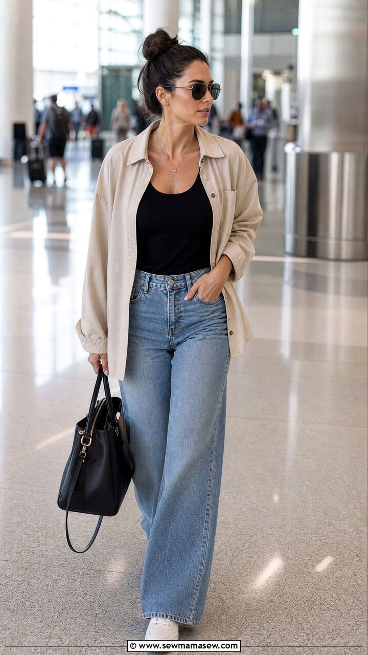 Ribbed Tank Top and Wide Leg Jeans - 30 Cute airport outfits