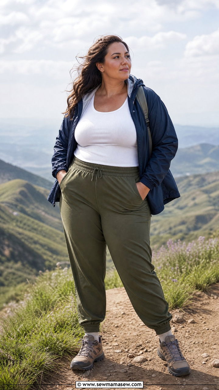 Ribbed Tank Top with Hiking Joggers and a Windbreaker - 25 Hiking outfit ideas plus size