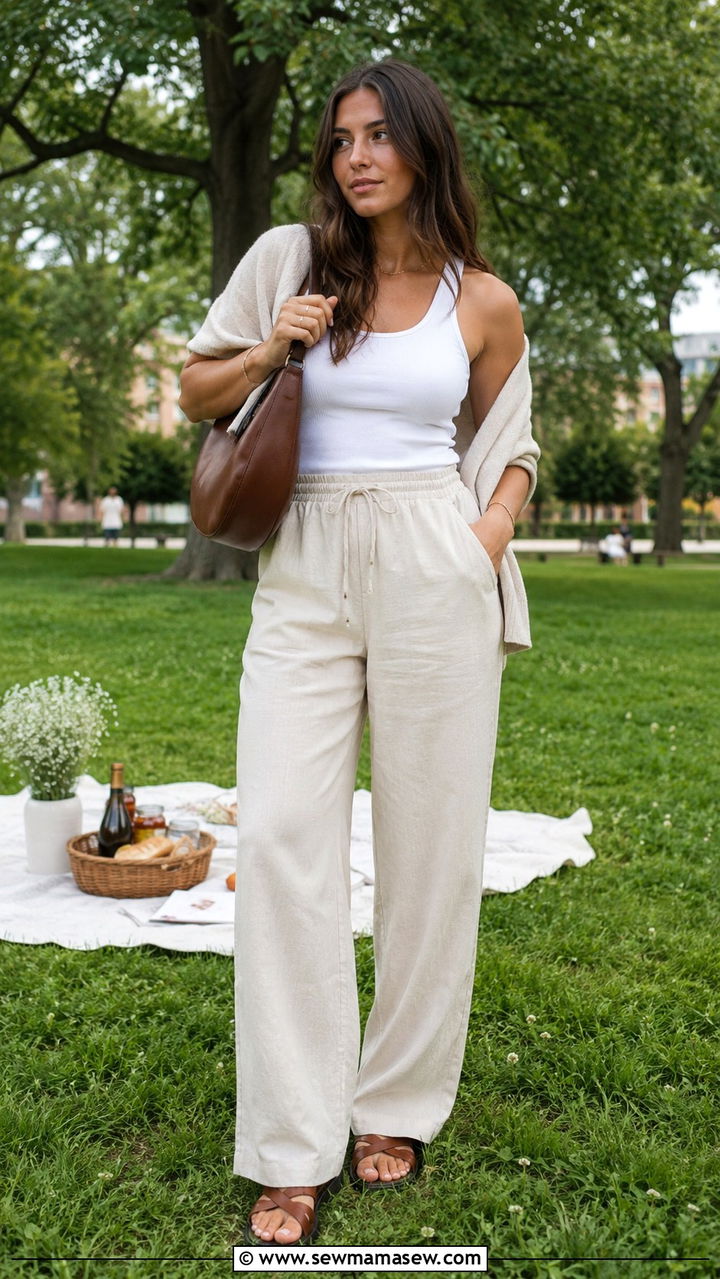 Ribbed Tank Top with Linen Trousers and Fisherman Sandals - 30 Picnic outfit ideas